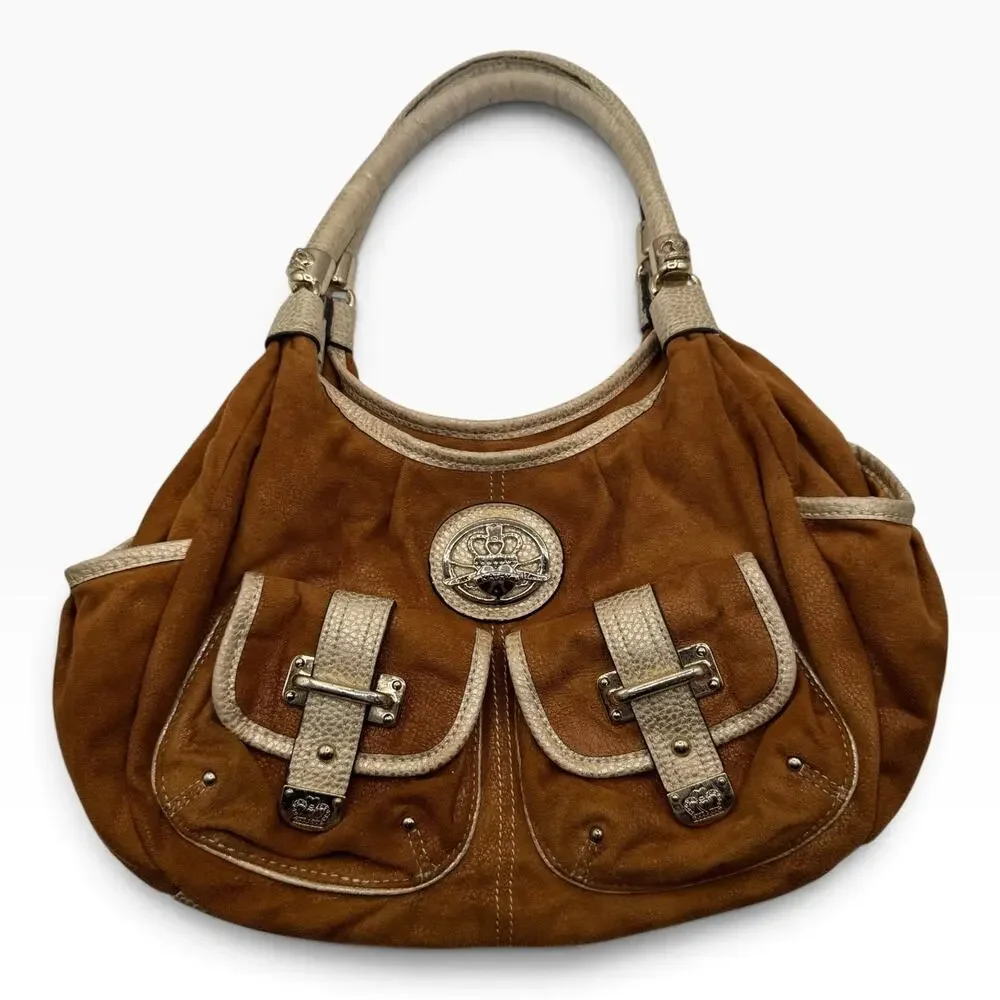 Kathy Van Zeeland Y2K Brown Faux Suede Hobo Bag Gold Crown Studded Purse